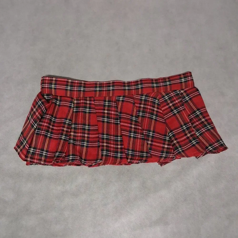 Red Plaid Pleated Micro Mini Skirt School Girl Costume Cosplay One Size Fits All